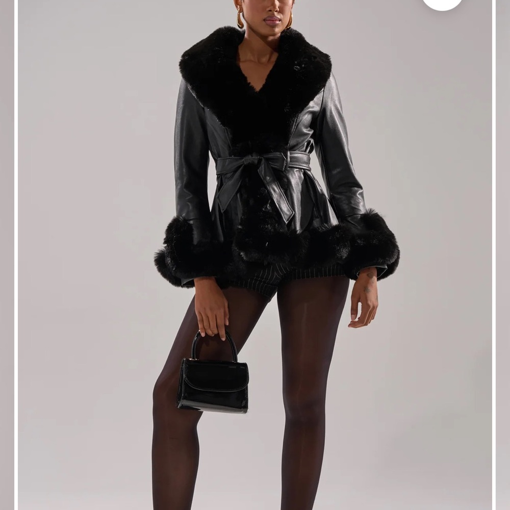 AKIRA Black Leather Jacket with Faux Fur Trim